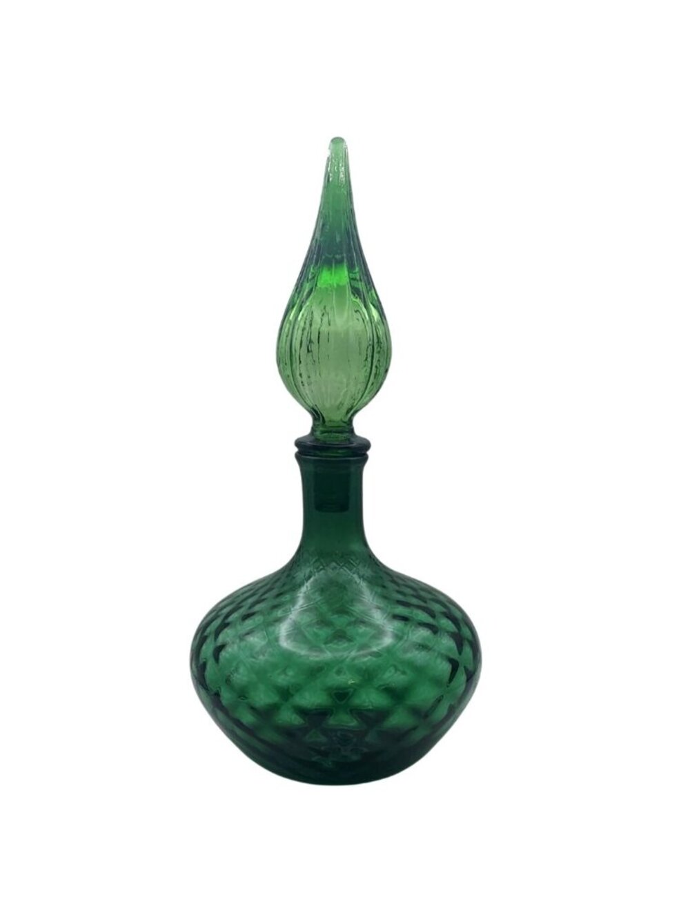 Vintage Hand Blown Empoli Green Glass Diamond Cut Genie Bottle Decanter Italy